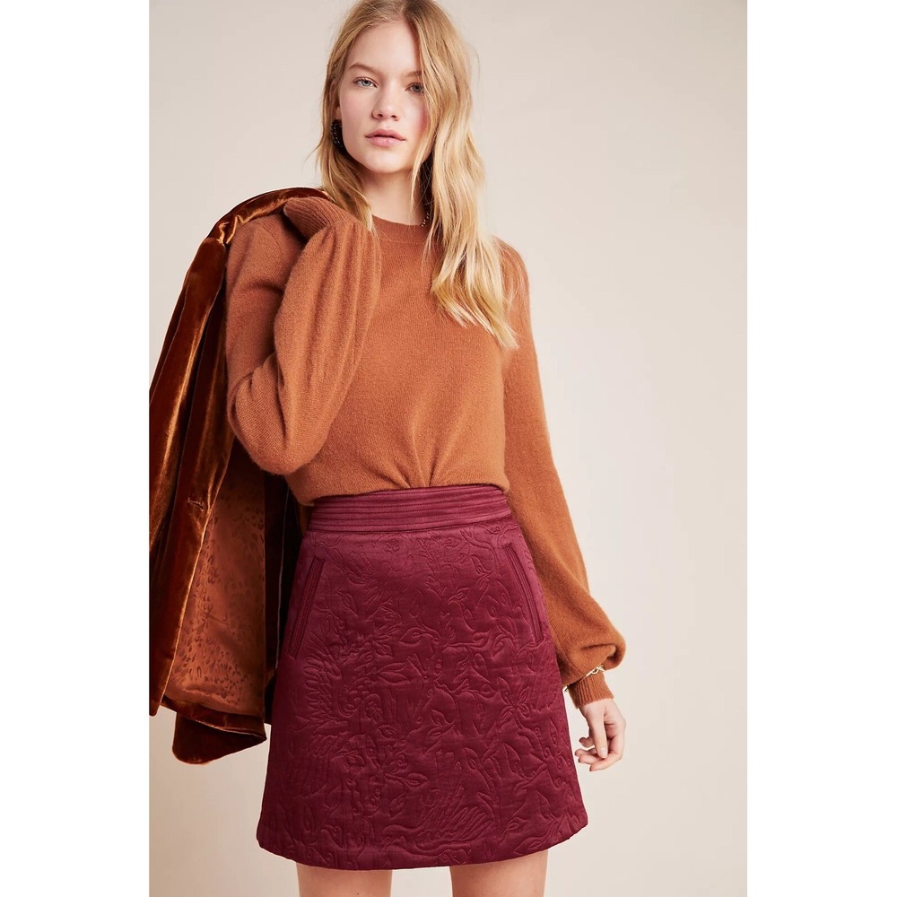 Anthropologie Maeve Size US 2 Beatrice Quilted Burgundy‎ Wine Leaf Mini Skirt